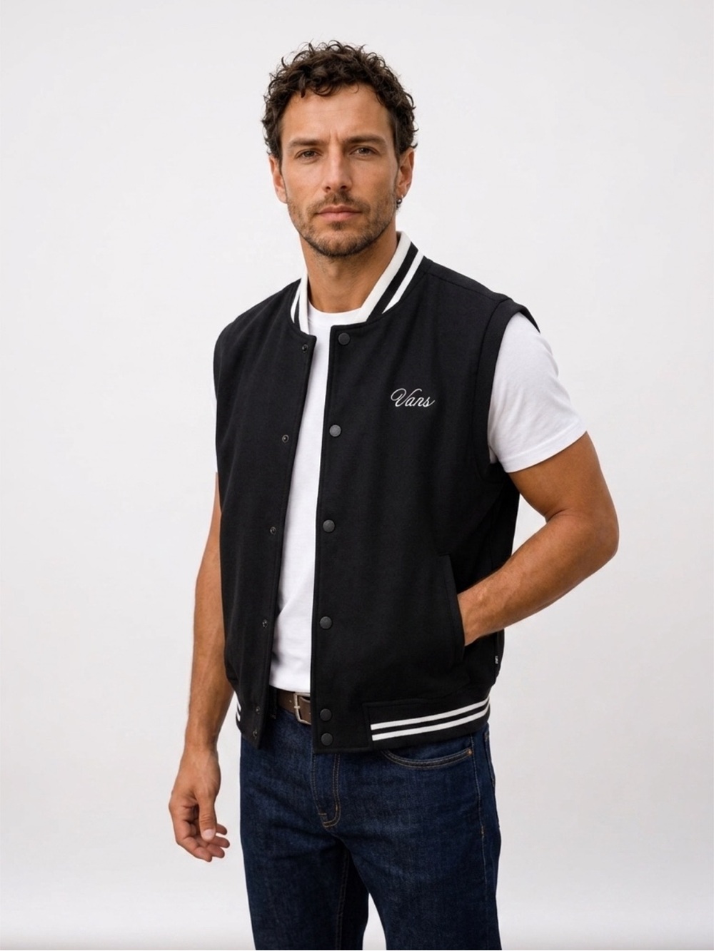 Vans Black & White Sleeveless Varsity Jacket Unisex